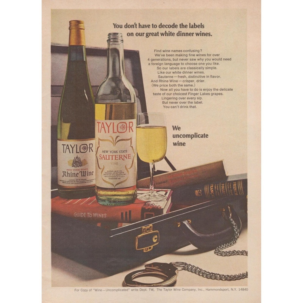 Vintage 1968 Taylor Wine Print Ad Sauterne Rhine Wine We Uncomplicate Wine